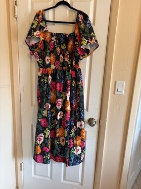 BloomChic Black Floral Smocked Midi Dress with Pink Orange Yellow Flowers